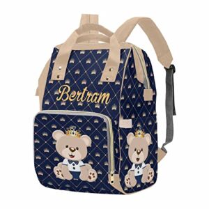 Customized Prince Bear Diaper Bag for Baby Boy, Personalized Blue Crown Cute Mommy Daypack with Name, Nylon Waterproof Backpack for Travel, Lovely Custom Gift for Women