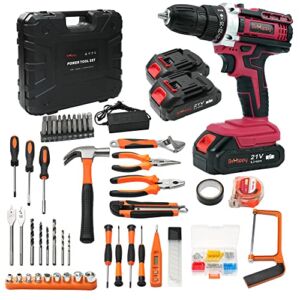 BeHappy Cordless Drill Set, 21V Power Drill Set, Electric Drill Kit with 2 Batteries and Charger, 25+3 Torque Setting, 2 Speed, 315 In-lb, LED, and 43pcs Drill Bit, Impact Drill Set for Home, DIY