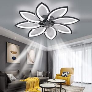 35”Ceiling Fans with Lights,Bladeless Ceiling Fan with Lights and Remote, Flush Mount Ceiling Fan with Dimmable LED Light,Modern Low Profile Ceiling Fan 6 Speed Wind Timing for Bedroom 90W (Black)