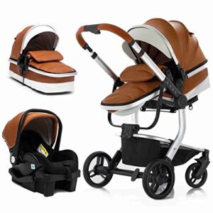 Keepolo 3 in 1Baby Stroller Seat Combo Adjustable High View Carseat and Strollers Combo, Baby Stroller Travel Pram Toddler Stroller Baby Prams Car for Newborn (Color : Brown)