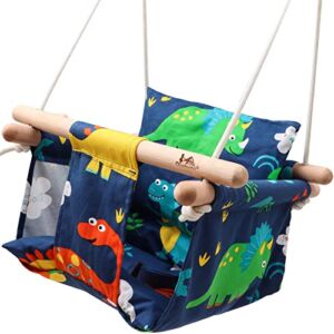 Nuewec Baby Canvas Swing Seat with Soft Cotton Cushions, Hanging Indoor Swing for Outdoor and Indoor for Toddler Boys and Girls, Carabiners and Straps, Mounting Hardware Included (Dinosaur Design)