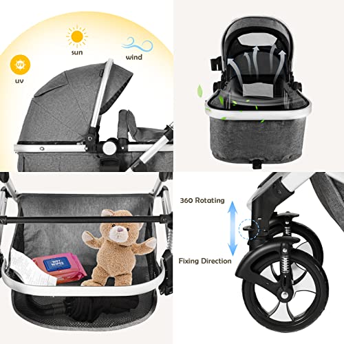Kinder King 3 in 1 Reversible Baby Stroller w/Detachable Tray, Convert to Newborn Bassinet Pram, Folding Infant Carriage for Toddler, Adjustable Canopy & Handle, Aluminum Alloy, Suspension Wheels | The Storepaperoomates Retail Market - Fast Affordable Shopping