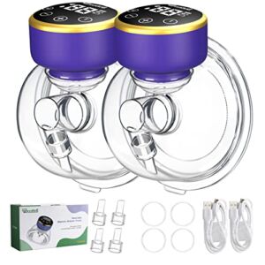 Treetoi 2 Pack Wearable Breast Pump Hands Free Electric Portable Cordless Low Noise Breast Pump with 3 Modes & 9 Levels LCD Display, 24mm Flange, VeryPeri