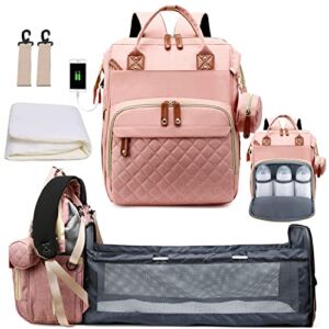 Diaper Bag Backpack Multifunction Baby Bag with Crib,Dad Mom Travel Waterproof Stroller Straps Large Capacity,Newborn Registry Baby Shower Gifts Essentials Items Diaper Bags Pink