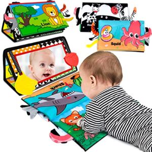 Aboosam Baby Toys 0-6 Months – Tummy Time Mirror Toys with Cloth Books & Teethers – Montessori Infant Toys for Babies 0 3 6 9 Months – High Contrast Newborn Sensory Toy for Boys Girls Baby Gift
