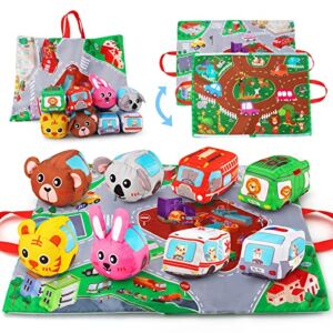 teytoy Soft Car Toy Set with Play Mat for 1 Year Old Baby Toddlers Boys&Girls ( 4 Vehicles 4 Animal Stuffed Dolls and a Play mat/Storage Bag)  | Baby Toys 12-18 Months| Toys for 1 Year Old boy