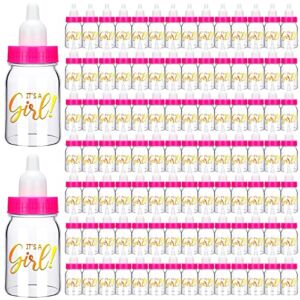 100 Pcs 3.5 Inch Baby Shower Mini Milk Bottle with 240 Adhesive It’s A Girl Stickers Small Plastic Baby Bottle Pink DIY Baby Shower Party Favors Decorations Gift for Girls