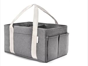 Baby Diaper Caddy Organizer – Large, Basket Storage Nursery Foldable for Infant Girl or Boy – Gift Must Haves – Durable Tote Bag for Indoor, Outdoor Use – Grey