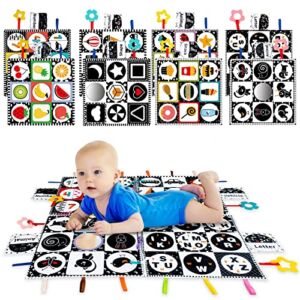 DPTOYZ Newborn Toys 0-6 Months, Tummy Time Toys with Mirror and Teether, High Contrast Baby Toys Black and White Sensory Toys for Babies 0-6-12-18 Months, Play Mats Infant Boy Girl Gift Set-Pack of 4