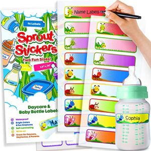 Sprout Stickers Baby Bottle Labels for Kids and Babies – 96 Daycare Labels – Kids Waterproof Labels – Self Laminating, Easy to Use – Daycare Supplies – Name Labels for Kids – for School, Reusable