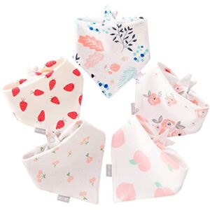 100% Cotton Baby Bandana Drool Bibs for Drooling and Teething Nursery Burp Cloths 5 Pack Pink Strawberry Bibs for Girls