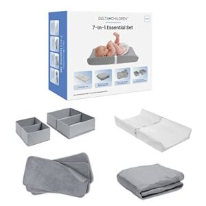 Delta Children 7-Piece Essential Changing Table Set – Newborn Baby Gift Set for Boys and Girls – Set Includes Changing Pad, Plush Changing Pad Cover, 3 Changing Pad Liners and 2 Storage Bins, Grey