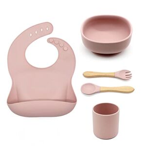 Baby Feeding Set 5 Pcs Silicone Dinner Plates and Cutlery Set, Santi & Me Baby Weaning Bowls with Suction & Silicone Bibs & Spoon and Fork & Toddler Cups Training Dishes Utensils(Light Pink)