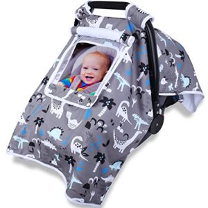 Car Seat Covers for Babies, Elstey Baby Carseat Cover Boy Girl, Infant Stroller Canopy, Adjustable Peep & Breathable Mesh Window, Soft Crystal Velvet Fabric, Fit Spring Summer Autumn Winter(Grey)