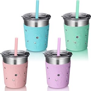 8 OZ Kids & Toddler Cups – 4 Pack Spill Proof Stainless Steel Smoothie Tumblers with Leak Proof Lids, Silicone Straw with Stopper & Sleeve – BPA FREE Snack Cups for Baby Girls Boys Sippy Drinking Jars