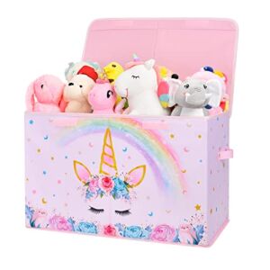 Unicorn Toy Box – Collapsible Oxford Storage Bin with Handles 25″ x 13″ x 16″ Toys Clothes Books Chest Organizer Cube with Flip-top Lid for Girls Kids Bedroom Nursery Living Room