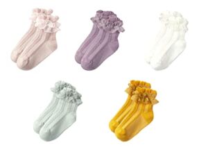 Toddler Girls Double Ruffle Lace Trim Cotton Socks Eyelet Frilly Dress Socks 5-Pack, Age 3-5T