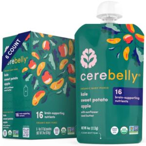 Cerebelly Organic Baby Food Pouches Kale Sweet Potato Apple (4 Ounce, 6 Count) – Toddler Snacks – 16 Brain-supporting Nutrients from Superfoods – Healthy Snacks, Gluten-Free, BPA-Free, No Added Sugar