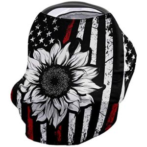 Baby Car Seat Covers Nursing Scarf, Vintage American Flag with Sunflower United States Flag Black Stretchy Infant Carseat Canopy Breastfeeding Covers, Baby Shower Gifts