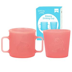 MORLIKE LIVING 100% Silicone Baby Cups, Drinking Open Cup for Infant First Stage Training with Toddler Kids Easy Grip Handle, 6 Months+ (2 Pack, Pink)