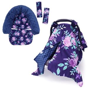Peekaboo Opening Car Seat Cover for Babies & Carseat Headrest Strap Covers, Purple Flower Minky Carseat Canopy Head Support & Seat Belt Cover