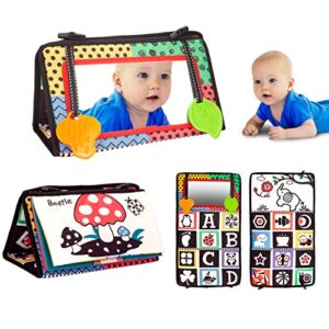 Little World Tummy Time Floor Mirror – Tummy Time Mirror Double High Contrast with Teething Toys, Developmental Black and White Baby Toys for Infants Newborn 0-3 Months Baby Boys and Girls