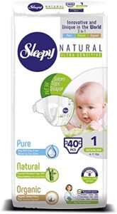 SOHO|Sleepy Natural Baby Diapers, Made from Organic Cotton and Bamboo Extract, Ultimate Comfort and Dryness, Disposable Diapers Snuggle Diaper (Size 1 | 40 Count | Child Weight 4-11 lbs)