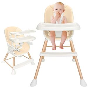 RIETORE 3-in-1 Baby High Chair with Removable Double Tray Modern Wooden Highchair with Adjustable Legs for Babies Infants Toddlers Kids Beige