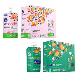 Cerebelly Baby Food Pouches – White Bean Pumpkin Apple & Sweet Potato Peach Smoothie (6 Each), Organic Fruit & Veggie Purees, Great Snack for Toddlers, 16 Brain-supporting Nutrients, No Added Sugar