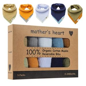 Mother’s Heart Organic Bandana Drool Bibs – Natural Cotton Muslin Baby Bibs – Set of 5 for Boys