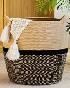 KAKAMAY Woven Baskets for Storage(17″x17″),Large Cotton Rope Basket Woven Baby Laundry Hamper,Collapsible Laundry Basket, Blanket Basket for Organizing Living Room,Nursery,Clothes,Toy chest (Black)