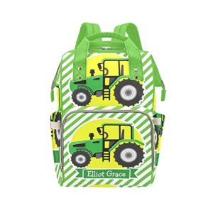 Green Farm Tractor Personalized Diaper Bag Multi-Function Backpack Nappy Bag Travel DayPack for Unisex