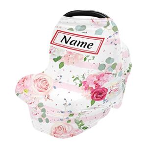 Custom Pink Rose Flowers Baby Car Seat Cover Personalized Your Name Nursing Covers Breastfeeding Scarf Infant Carseat Canopy for Mom Baby Gift