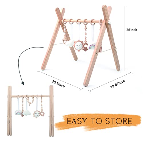 Wooden Baby Play Gym, WOOD CITY Foldable Baby Gym with 6 Hanging Sensory Toys for Infants Activity, Newborn Gifts for Baby Girl and Boy (Natural Wood) | The Storepaperoomates Retail Market - Fast Affordable Shopping