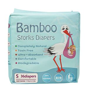 Bamboo Storks Diapers for Babies, Highly Absorbent Bamboo Diaper for Rash Prevention, Soft, Lightweight, Hypoallergenic & Chemical-Free Newborn Diapers, Disposable Pull-Ups, Small, Pack of 36