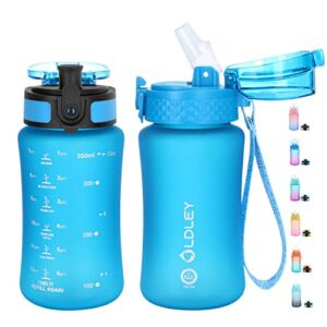 Kids Water Bottle 12 oz BPA Free Reusable Motivational Water Bottles with Time Marker Straw/Chug 2 One-Click-Open Lids/10 Stickers/Fruit Strainer/Measurements Leak-proof for Toddler Boys Girls School