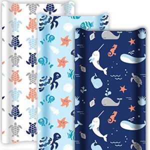 GROW WILD Changing Pad Cover 3 Pack | Soft & Stretchy Jersey Cotton | Baby Changing Table Pad Cover | Diaper Changing Pad Covers for Girls or Boys | Wipeable Sheets | White Red Blue Turtle Whale Ocean