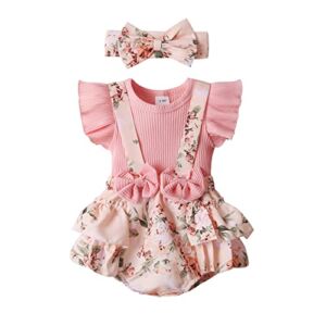 Newborn Baby Girl Clothes Summer Infant Romper Outfit Short Sleeve Suspender Ribbed Shorts Onesie with Headband 3-6 Months