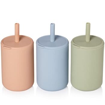 Mini Silicone Cups with Straw and Lid Cup Training Sippy Silicone Straw Cup Spill Proof Toddler Cups with Straw for Baby 6+ Months, 3 Pieces (Blue, Olive Green, Light Brown, Plain Style) | The Storepaperoomates Retail Market - Fast Affordable Shopping
