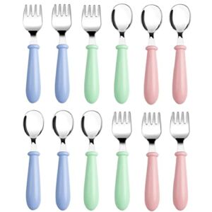 12 Pieces Toddler Silverware Stainless Steel Forks and Spoons Set, Toddler Utensils Kids Silverware Children’s Safe Cutlery Set with Round Handle for Self Feeding, 6 x Baby Forks, 6 x Spoons