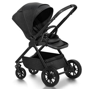 newyoo Baby Stroller, Baby Reversible Stroller, Standard Stroller, Parent or Forward Facing, One-Hand Recline, Compact Fold, Extendable Canopy, Cushion, Mosquito Net, Wrist Strap(Include) Black