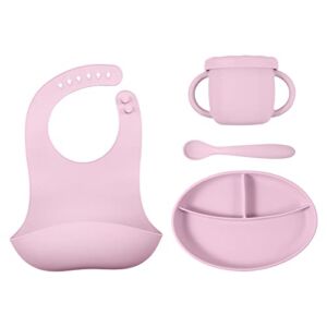 Silicone Baby Feeding Set, Matcute Feeding Supplies for Toddlers, Silicone Suction Plate, Silicone Bibs, Silicone Snack Cup, Led Weaning Spoon Tableware Set for Kids(Mauve)