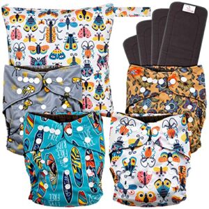 LittleDingo Reusable Cloth Diapers for Babies and Toddlers – 4 Reusable Charcoal Bamboo Diapers + 4 Charcoal Bamboo Inserts and 1 Reusable Diapers Wet Bag
