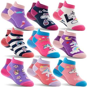Baby Girls Toddlers Grips Socks Kids Non Slip Anti Skid Ankle Unicorn Gift Cotton No Show Socks with Grippers 9 Pairs (Rainbow Unicorn, 3-5 Y)