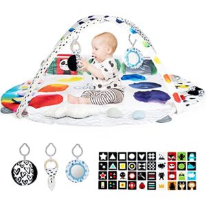 LADIDA Stage-Based Baby Play Gym – 4 Zone Sensory & Motor Skills Development Activity Gym – Large 45″ Padded Palette Play Mat for Newborn to Toddler with STEM Based Toys, Textures, Learning Cards