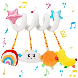 Hanging Toys for Car Seat Crib Mobile Spiral Plush Toys Stroller Toys Car Seat Hanging Toys Spiral Activity Toy with Cloud Rainbow Moon Star Squeaker for Boys and Girls Crib Bed Stroller Car Seat Bar