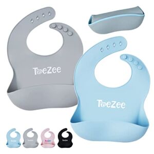 ToeZee Silicone Bibs for babies – Food Grade, BPA Free Material | Easy to Wipe and Clean | Adjustable Size – 2 Pack Blue/Gray