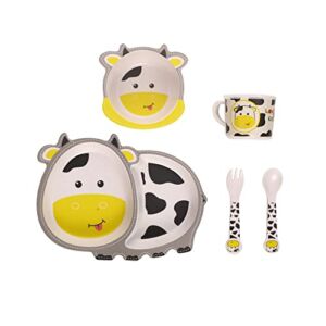 Fekdod Kids Dinnerware Set Bamboo 5 Pcs with Plate Bowl Cup Fork Spoon (Cow)