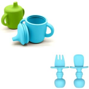 Silikong Silicone No Spill Sippy Cups + Silicone Baby Fork and Spoon Set (4 Pcs/Set)