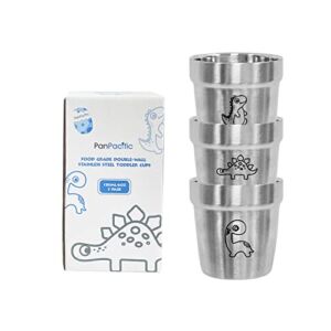 PanPacific Drinking Cup for kids and Toddler – 18/8 Stainless Steel Training Cup for Infants – Double Wall/Unbreakable Toddler Mugs – Dinosaur Pattern Learning Cup – 6oz (3 Pack)